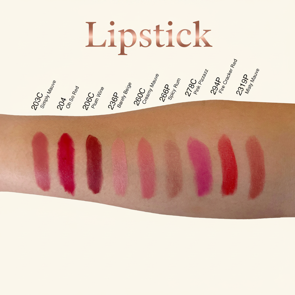 Lipstick shade guide showing available colors