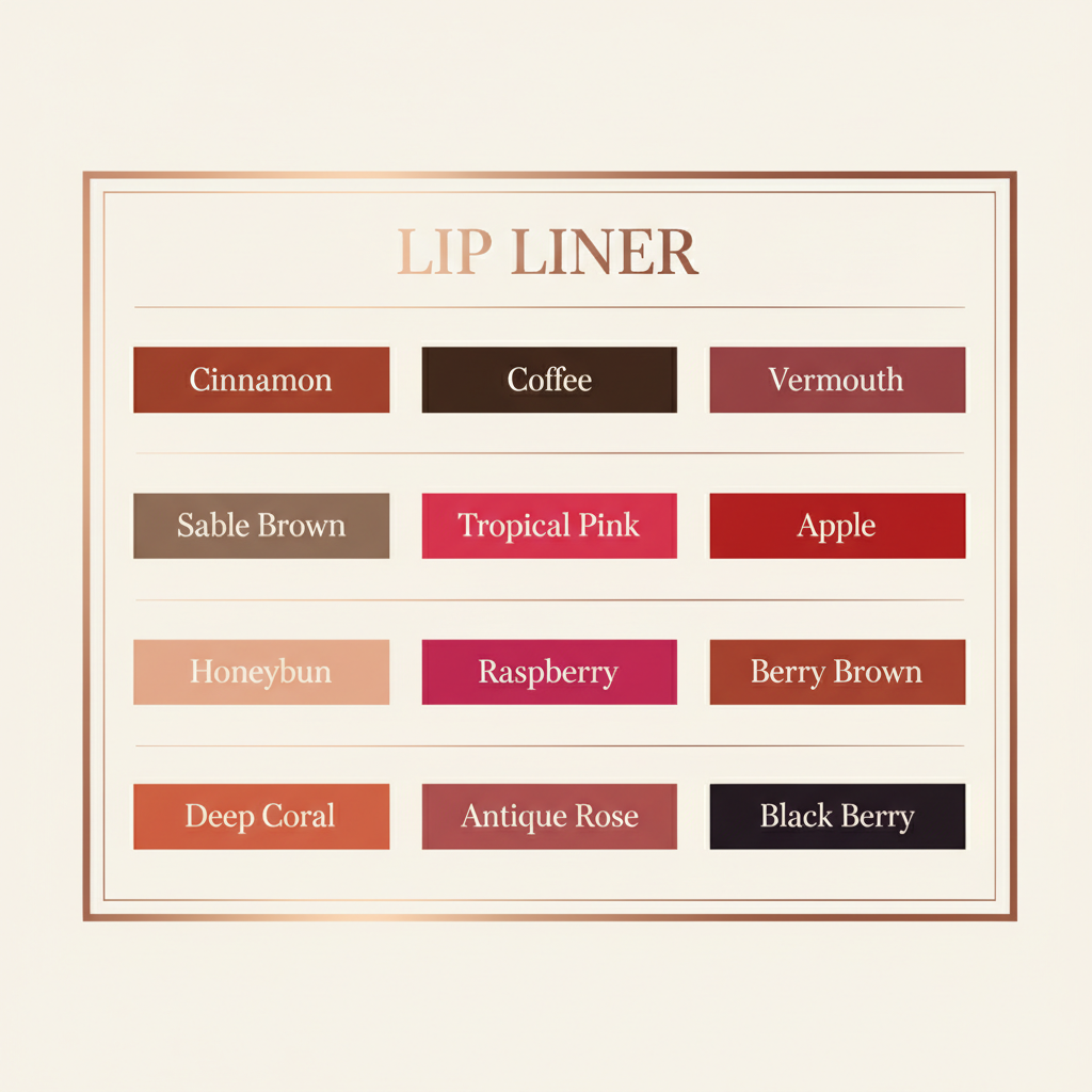 Lip Liner shade guide showing available colors